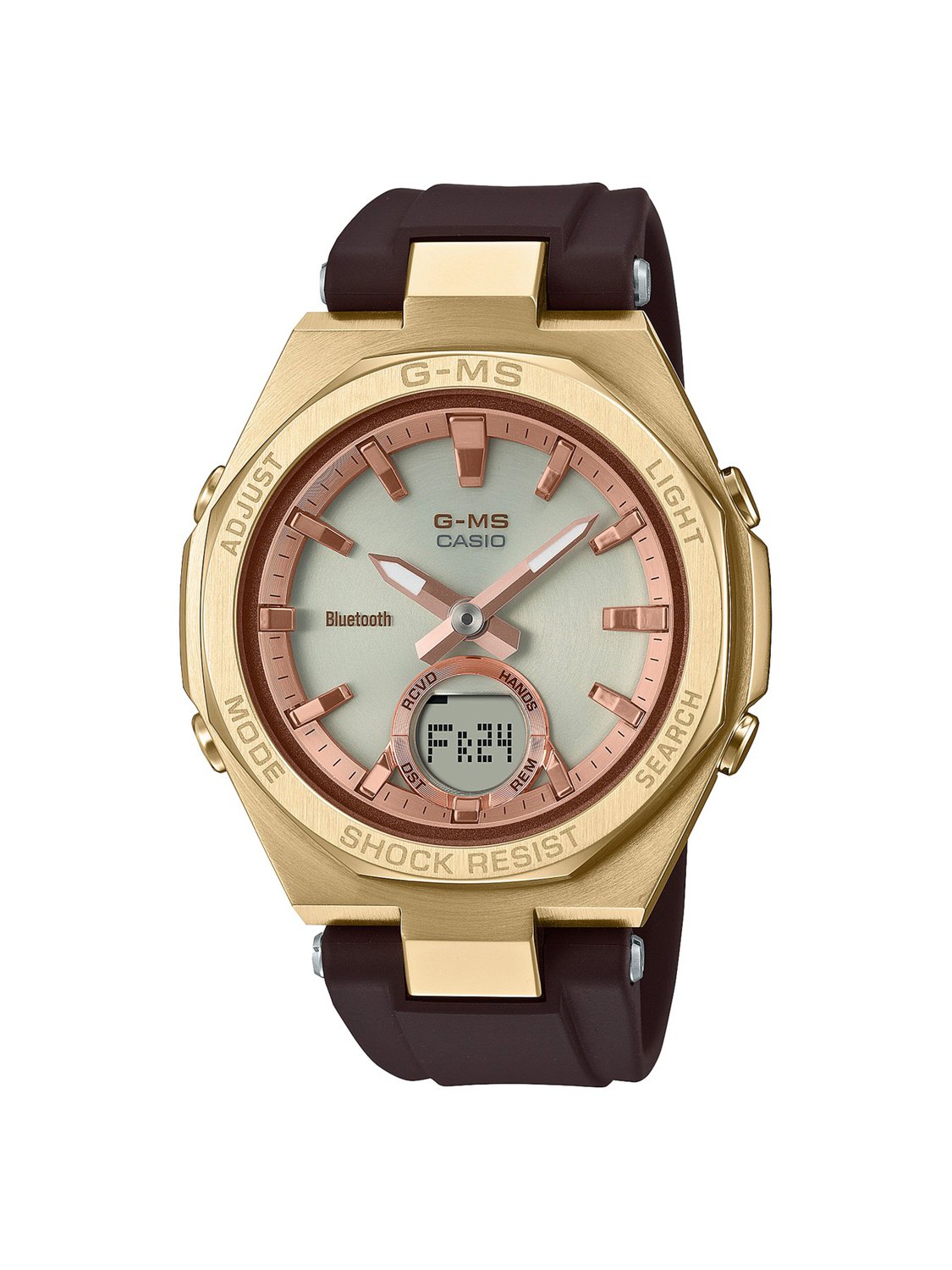GMS Baby-G Rose Gold and Yellow Gold Bezel with White LCD Bluetooth Tough Solar Brown Resin Band_0