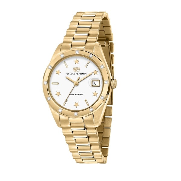 Chiara Ferragni Gold White Dial Bracelet Watch with Stones_0