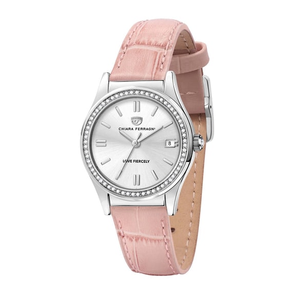 Chiara Ferragni Silver with Stones Dial Rose Leather Strap Watch_0