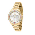 Gold Analogue Watch with White & Pink Baguette Stones_0