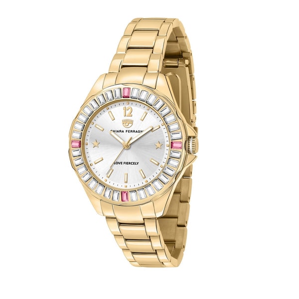 Gold Analogue Watch with White & Pink Baguette Stones_0