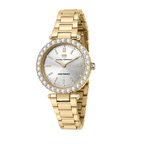 Gold Case with Round Stones Analogue Watch_0