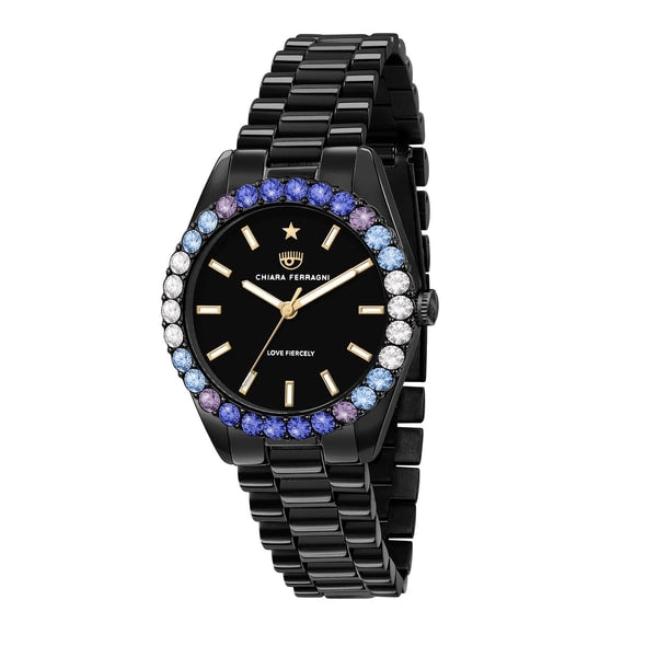 Black Analogue Watch with Round Blue Shading Stones_0