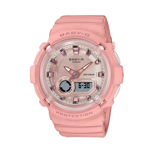 Casio Baby-G Watch BGA-280-4A2 is a sporty and stylish watch with an innovative and colourful design. This model comes with a peach coloured case and band with a pink coloured internal round dial. The Baby-G series watch is designed for women. It offers 100 meters water resistance and is perfect for sea/beach and swimming activities. Other specs of the Casio Baby-G Watch BGA-280-4A2 are: LED light, Resin band/case, world time (29 time zones with 27 cities), mineral glass dial, shock resistant construction, 30 seconds deviation per month, 12/24h time format, auto calendar up to 2039, 5 daily alarms, stopwatch, 2 years battery and 42g weight._0