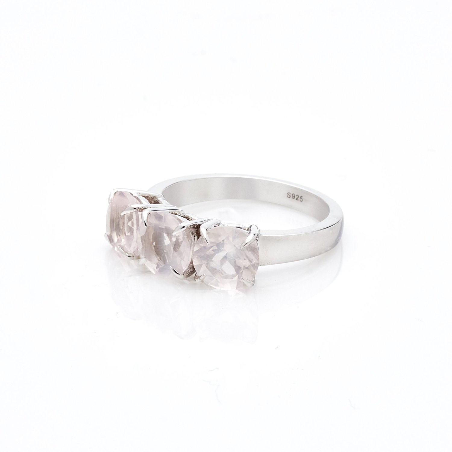 Silver Rose Quarts 3 Stone Ring_0