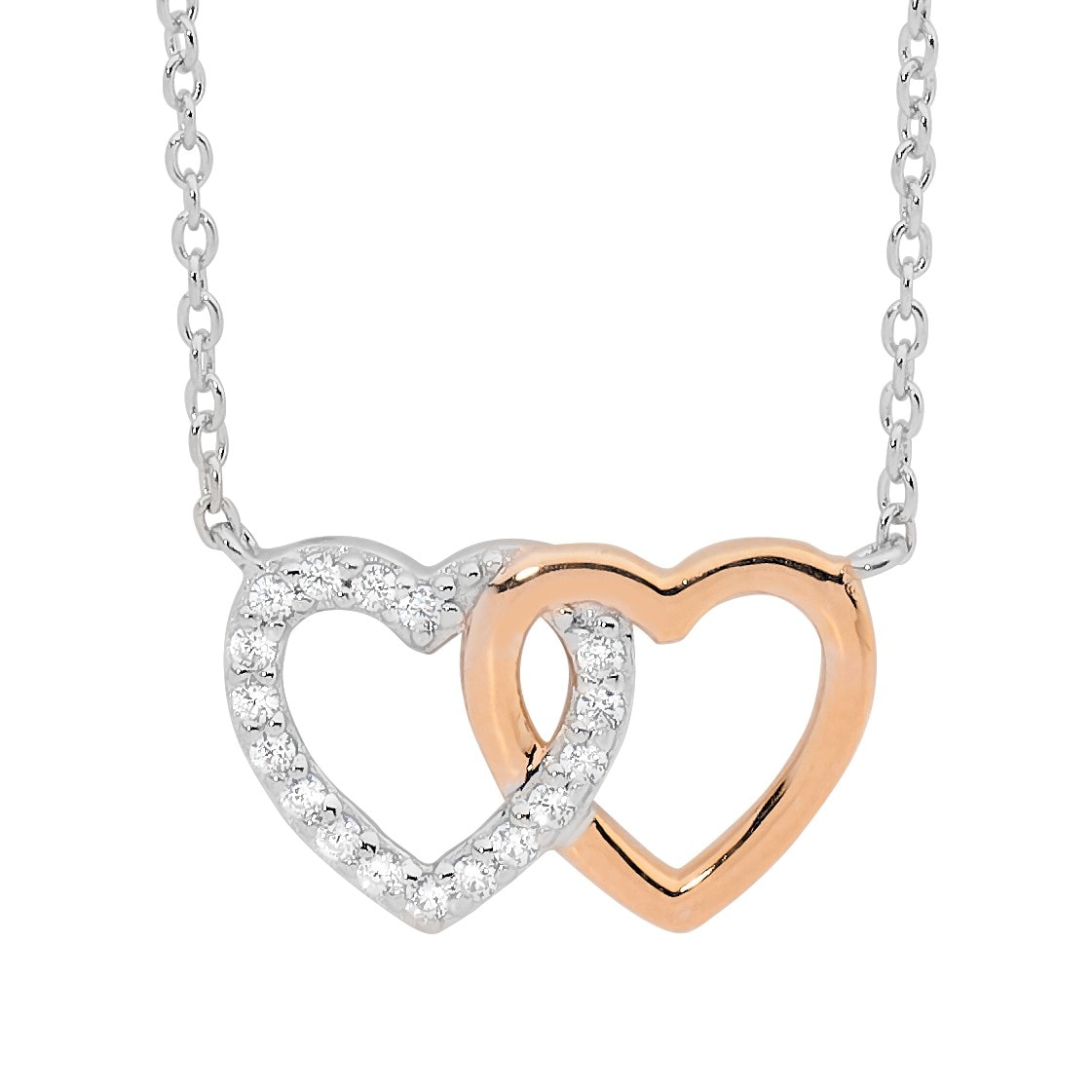Silver Double Heart Necklace CZ Rose Gold Plated_0