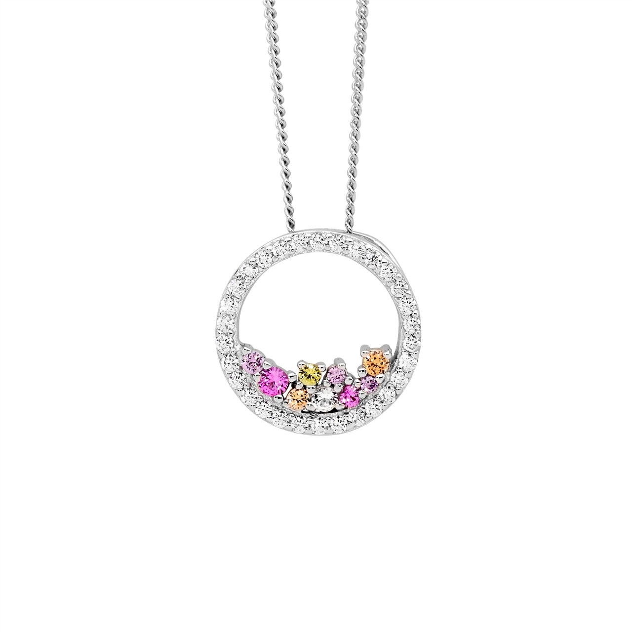 Silver White CZ Open Circle Pendant w/ Scattered Pastel Coloured CZ_0