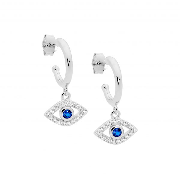 Silver CZ Evil Eye Drop Hoop Earrings_0