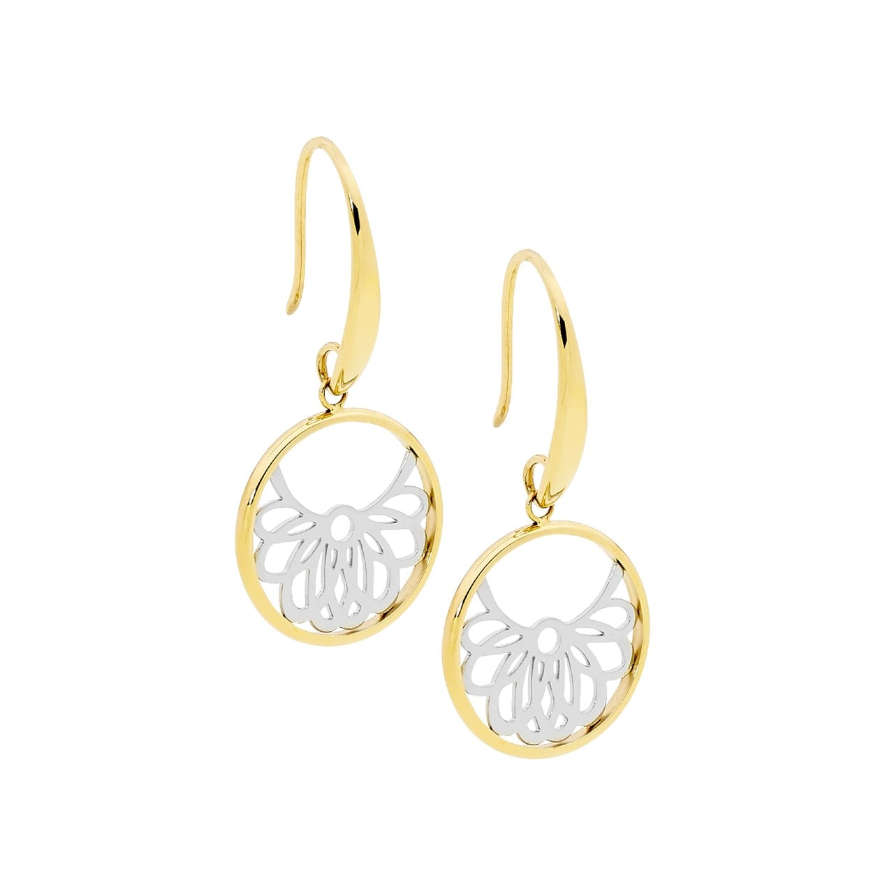 Gold Plated Stainless Steel Circle Filigree Drop Earrings_0
