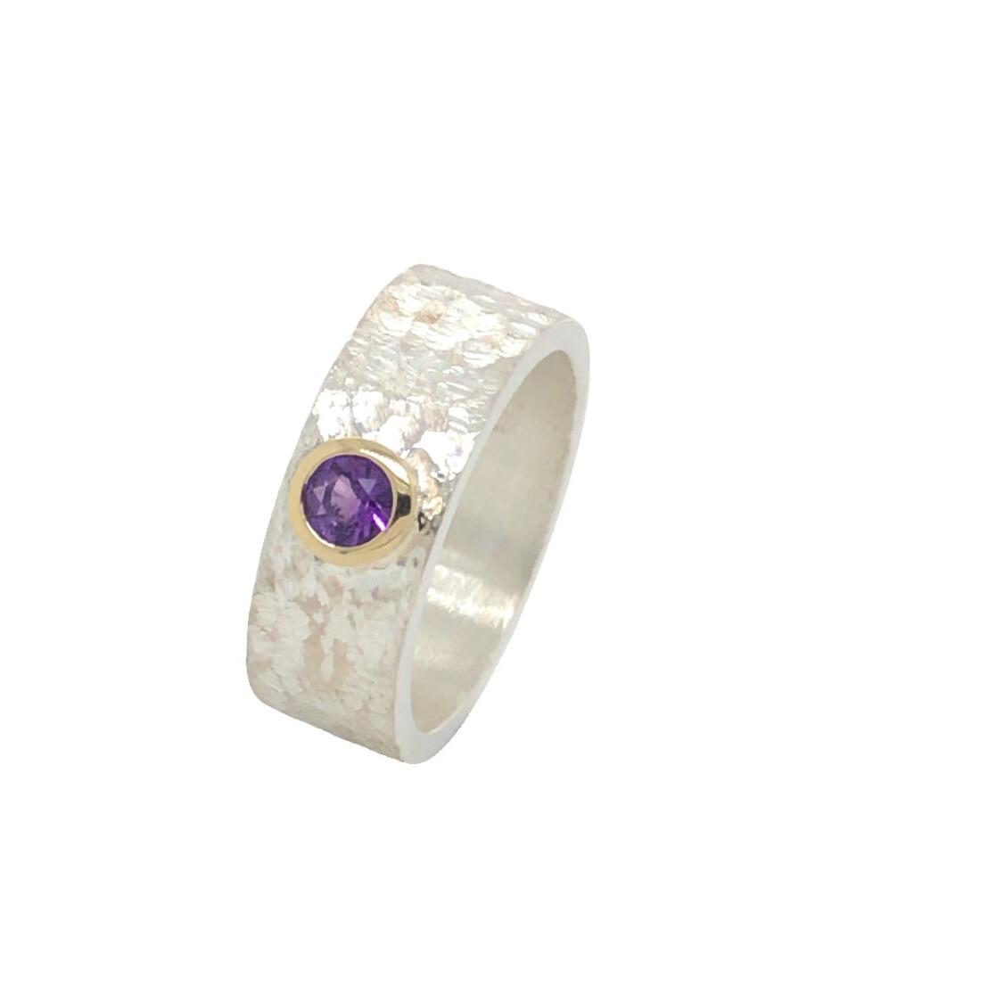 Amethyst Ring with 9ct Gold Rub Over Setting and Wide Sterling Silver Band_0