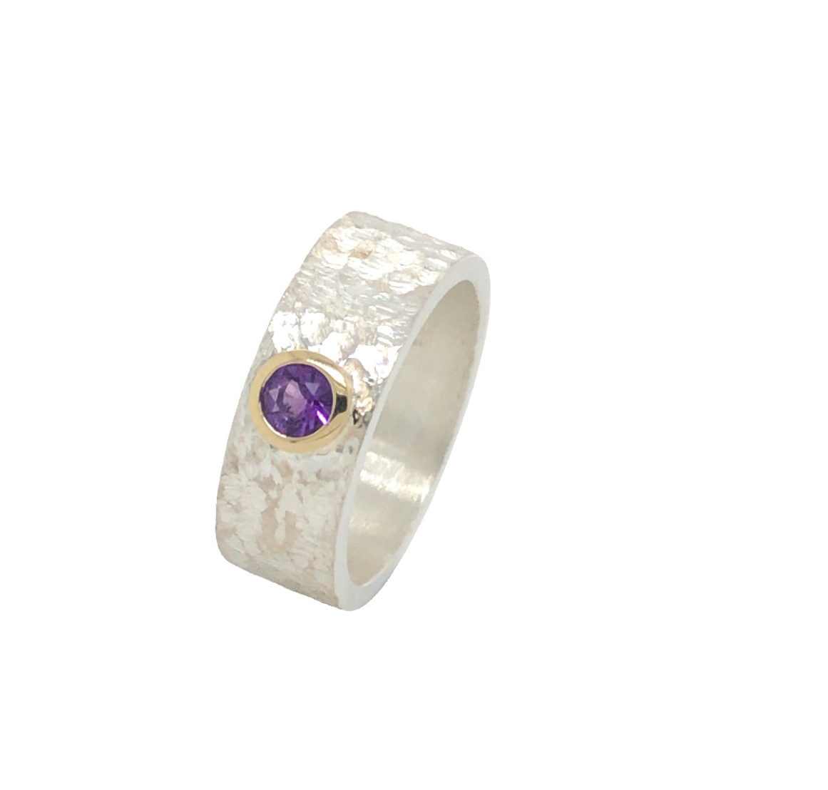 Amethyst Ring with 9ct Gold Rub Over Setting and Wide Sterling Silver Band_0