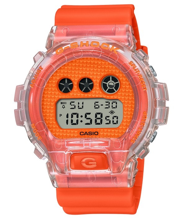 Do you remember the excitement of popping open a surprise capsule toy? G-SHOCK Lucky Drop takes on the bold vibrant colours of Japan’s beloved capsule toys, bringing pop culture to the classic digital DW6900 with its distinctive front buttons. The playful design of the DW6900 dial evokes that exhilarating thrill of a secret surprise. Case size (L× W× H): 53.2 × 50 × 18.7 mm Weight: 67 g Case / bezel material: Resin Resin Band Shock Resistant 200-meter water resistance_0