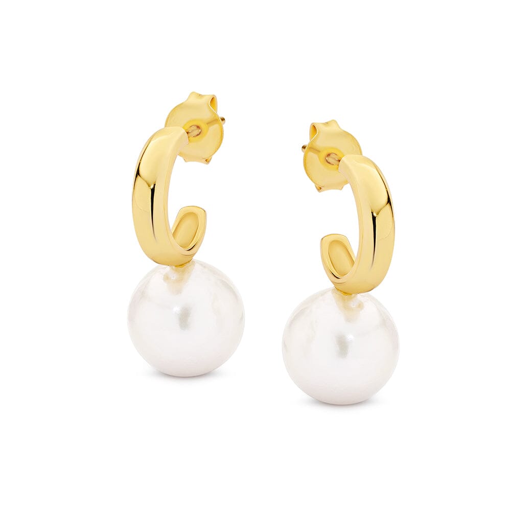 18ct Yellow Gold Plated Sterling Silver Earrings White Round Fresh Water Pearl_0
