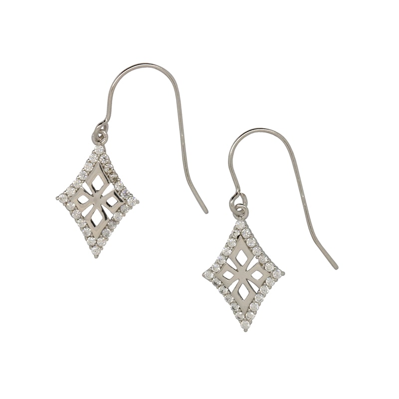 9ct White Gold Diamond-Shaped Drop Hook Earrings with Cubic Zirconia_0