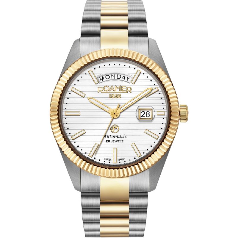Mens Roamer Primeline Daydate II White Pattern Dial Yellow Gold Bicolour Automatic Automatic Watch_0