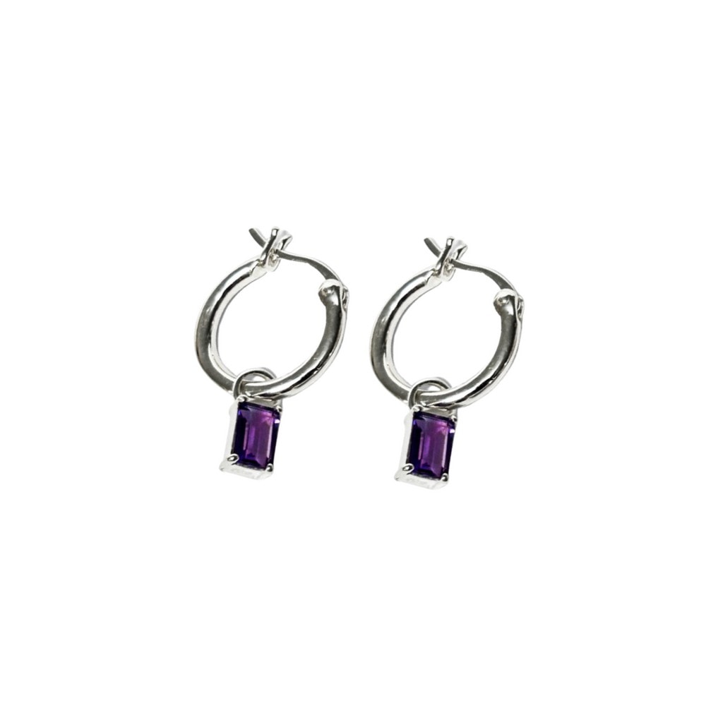 Sterling Silver Purple Amethyst Rectangle Drop Hoop Earrings_0