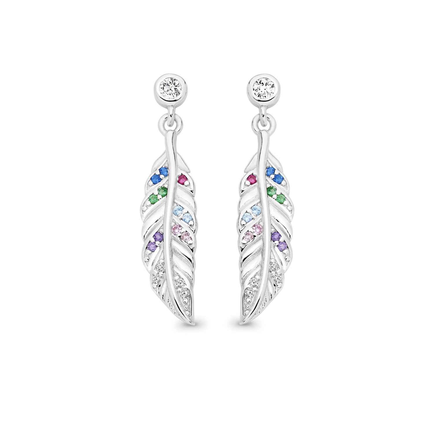 Silver Multi-Coloured Cubic Zirconia Feather Earrings_0