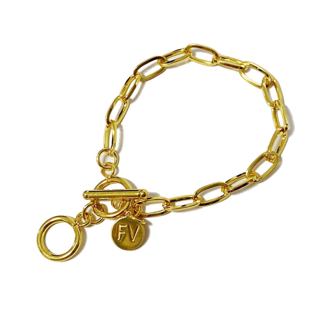 Fabuleux Vous Stainless Steel Yellow Gold Plated Paperclip Double Ring Fob Bracelet_0