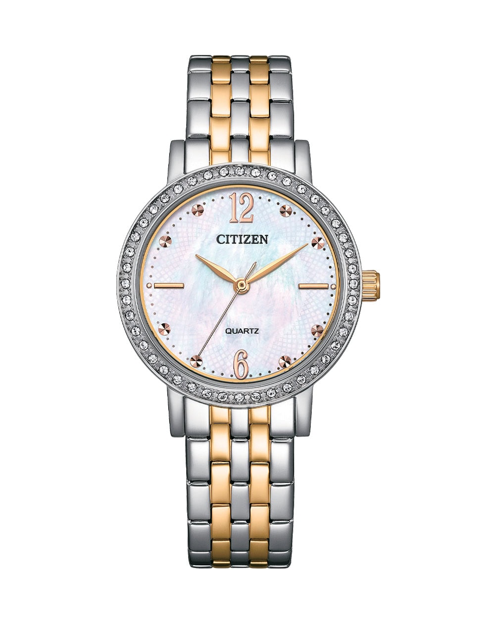 Citizen Ladie Bi-Tone Watch Dress Collection Quartz Technology Stainless Steel Case Mother of Pearl Dial 31mm Case Stainless Steel Bracelet, Push Button Buckle Band Mineral Crystal Glass 50 Meter Water Resistant Spectacular in appearance and masterfully crafted, this watch is the embodiment of style. Punctuated by two-tone case with elegant white dial, the bezel is resplendent with sparkling crystal elements. Offering sophisticated beauty for women looking for something special and versatile enough to be worn daily. With quartz reliability, style and beauty have never been so accessible_0