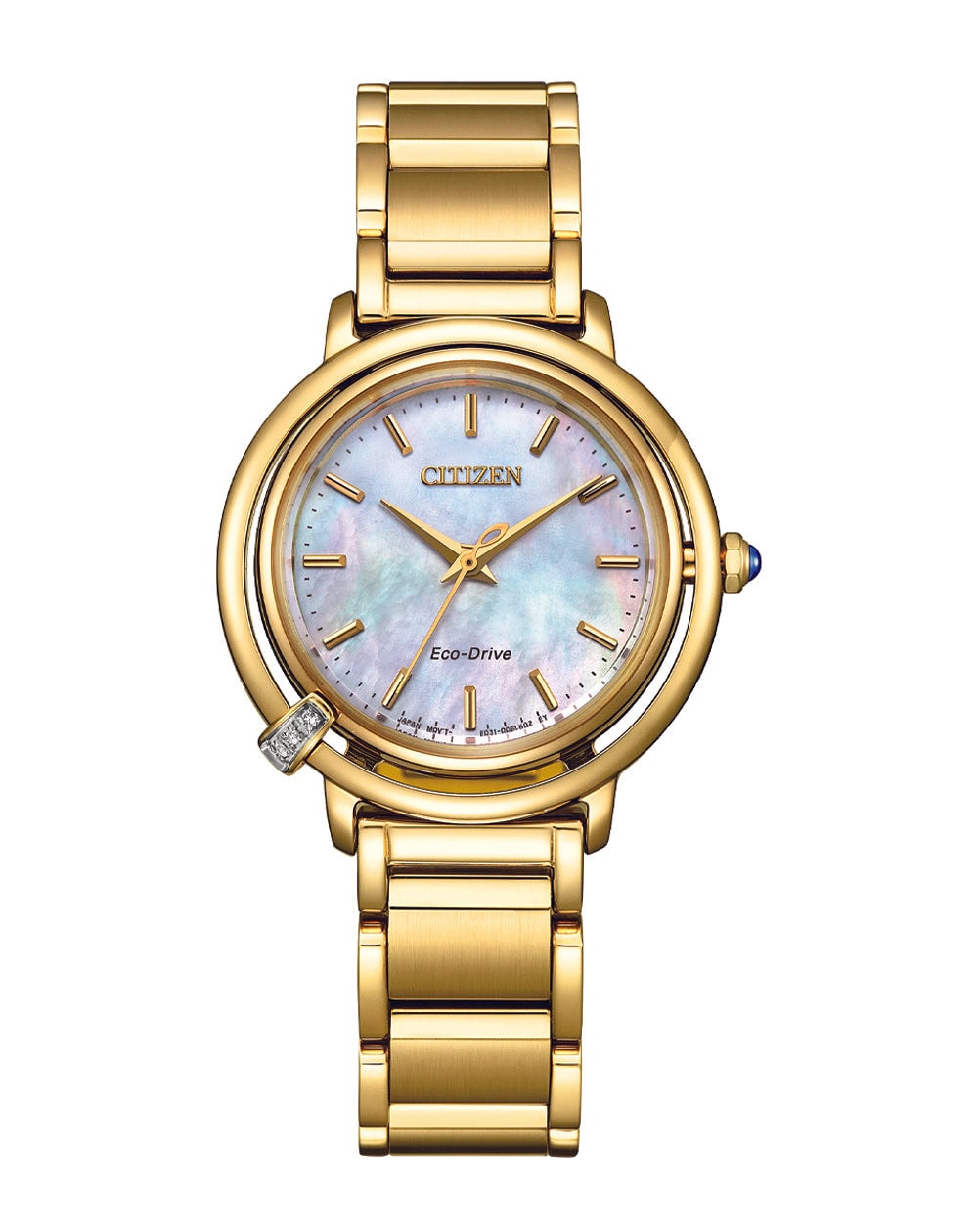 Citizen Gold Ladies Watch Eco-Drive Stainless Steel Case Mother of Pearl Dial 31mm Case Stainless Steel Bracelet, Push Button Buckle Band Sapphire Crystal Glass 50 Meter Water Resistant Classic lines and hints of romance make this newest piece to our ladies' collection; the Citizen L Arising is a glamorous addition. Inspired by the sunrise, this watch features a sleek design that combines the gentle, curving lines of the stainless-steel case with lustrous mother-of-pearl dial to showcase the delicate beauty of the sunrise itself. Continuing to provide sustainable watches, the Citizen L collection uses the elegant designs to reflect the beauty of the planet while evoking the feelings of joy and happiness every time you look at your wrist.Special features also include a 3 set diamond at the 7 o'clock postion, representing the the appearence of the first flash of dawn and extra strap._0