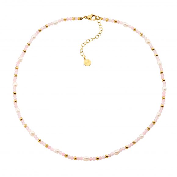 Stainless Steel Rose Quartz and Pearl 40cm Necklace_0