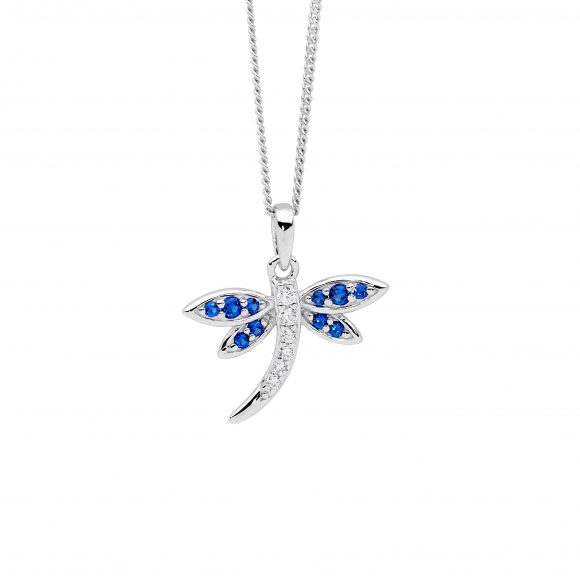 Silver White/Dark Blue CZ Dragonfly Necklace_0