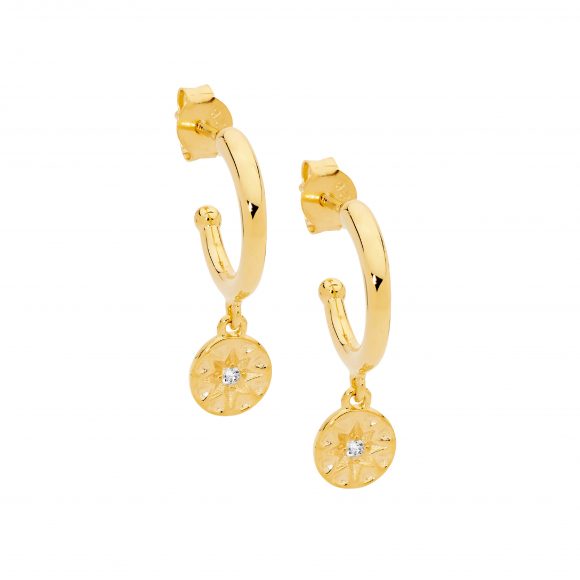 Gold Plated Hoop CZ Star Disc Earrings_0