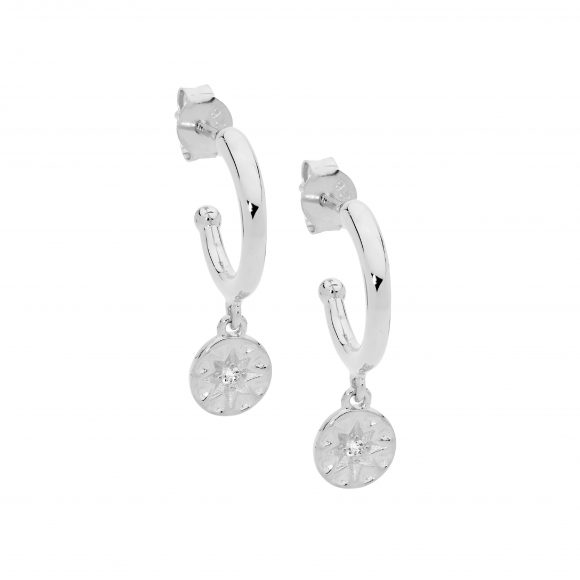 Silver Hoop Earrings with CZ Disc Drop_0