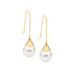 Gold Plated Steel Long Drop Shell Pearl Earrings_0