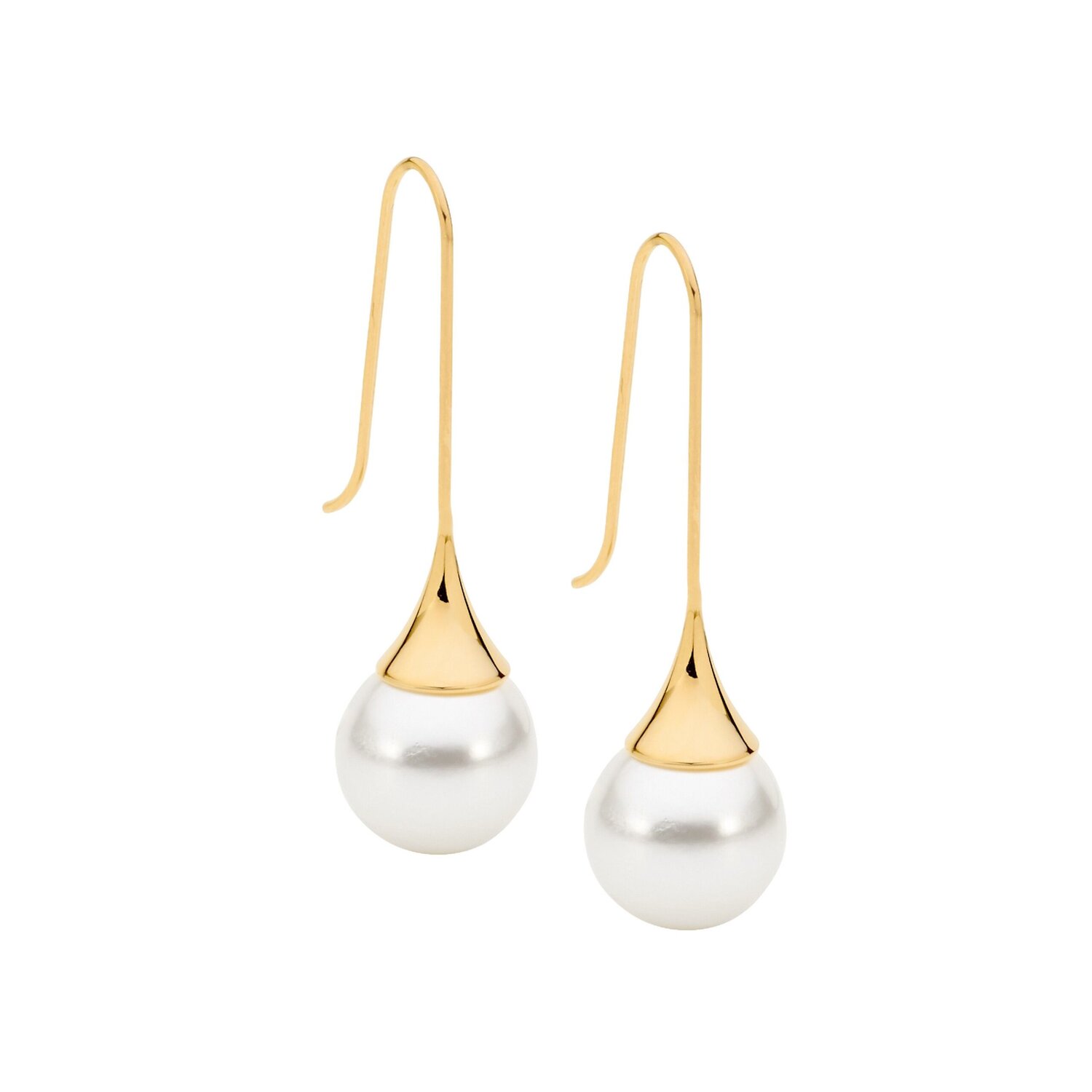 Gold Plated Steel Long Drop Shell Pearl Earrings_0