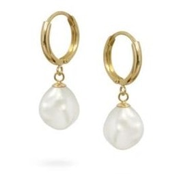 10k Gold Huggie Earrings with Pearl Drop_0