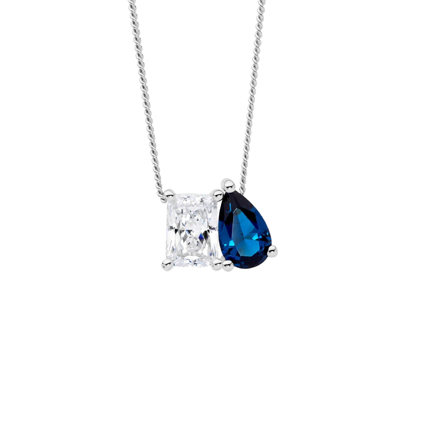 Silver Blue Pear and White Emerald Cut CZ Necklace_0