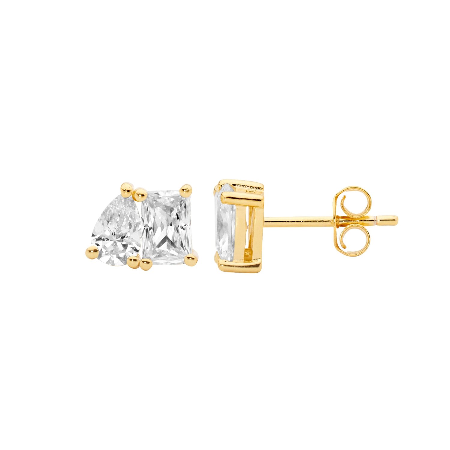 Gold Plated Pear/Emerald Cut CZ Studs_0