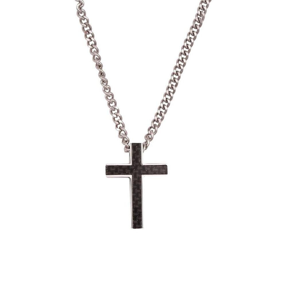 Stainless Steel & Carbon Fibre Cross Pendant on Curbed Link Chain_0