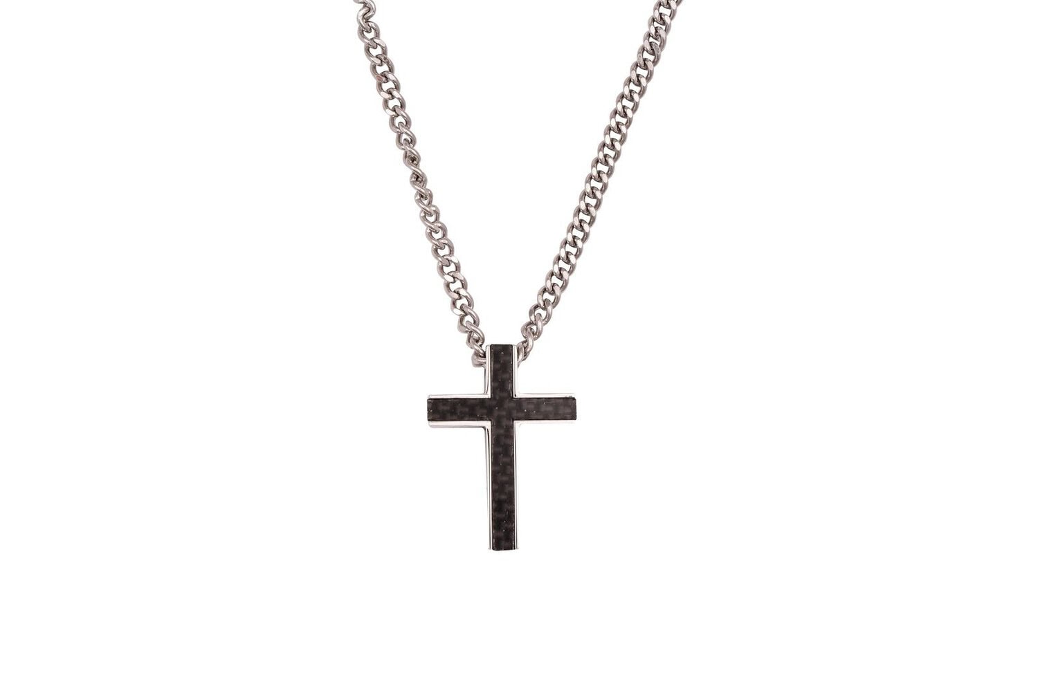 Stainless Steel & Carbon Fibre Cross Pendant on Curbed Link Chain_0