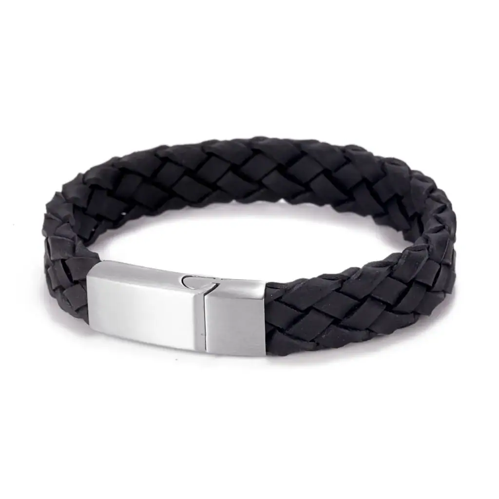 Braided Black Suede Italian Leather & Brushed Stainless Steel Bracelet_0