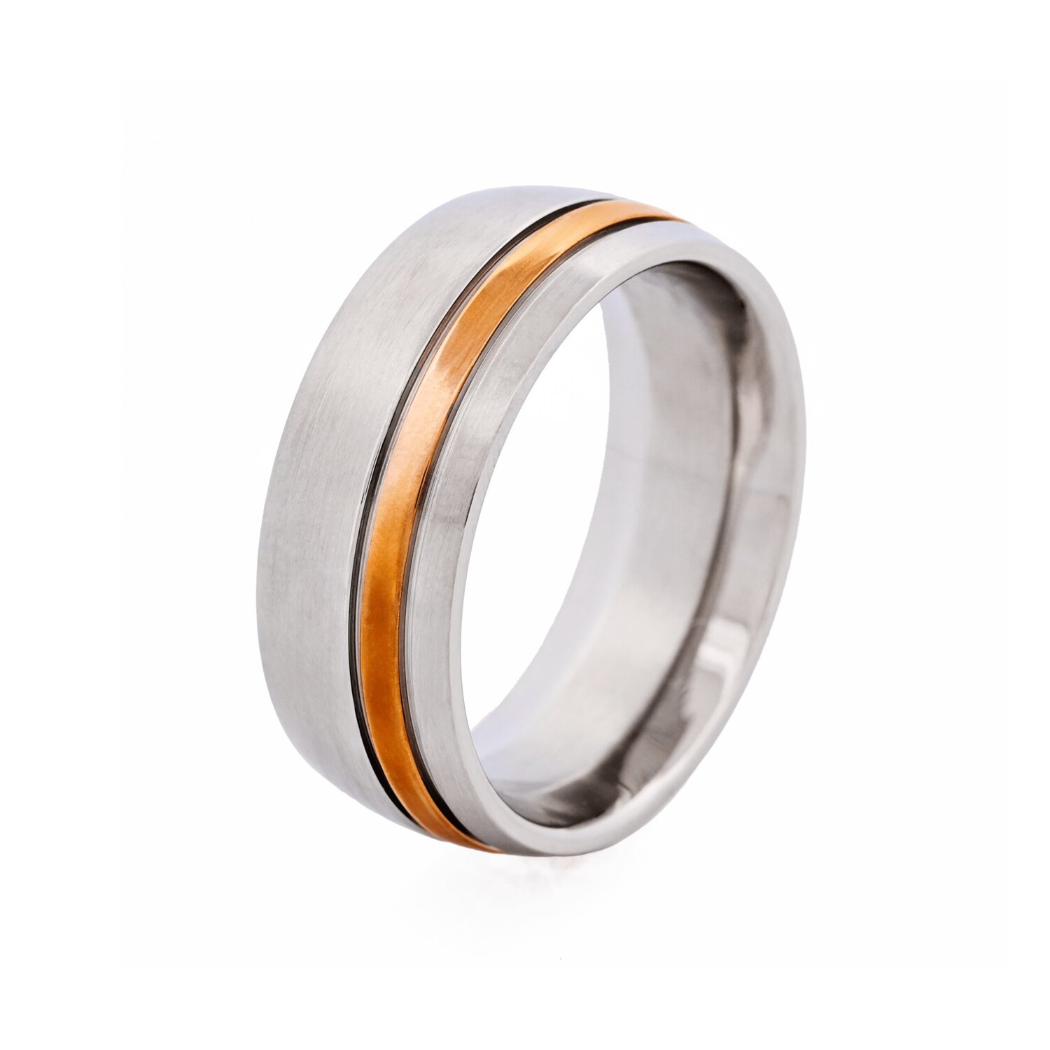 Brushed Stainless Steel Ring with Polished Ion Plated Rose Gold Band_0