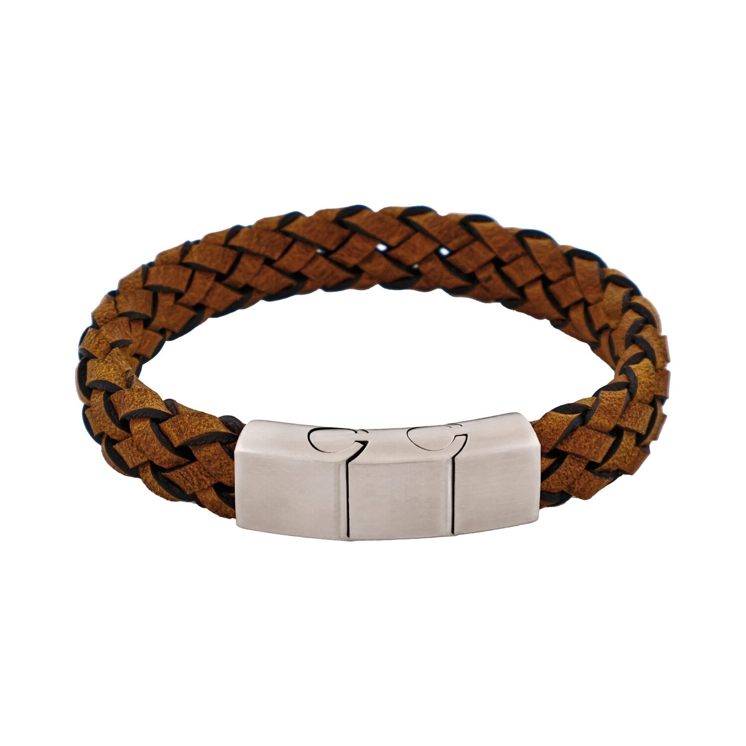 plaited brown leather bracelet stainless steel_0