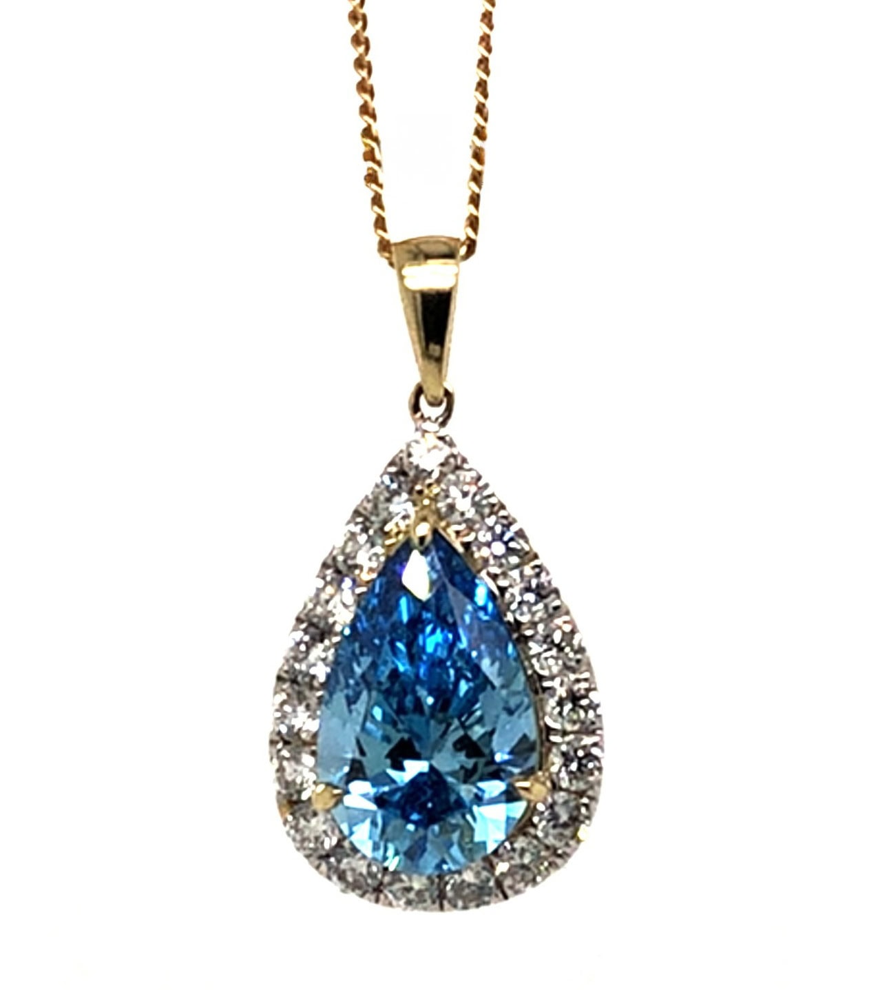 9ct yg blue pear lab diamond halo pendant 3.05ct centre 0.76ct white diamonds total weight_0