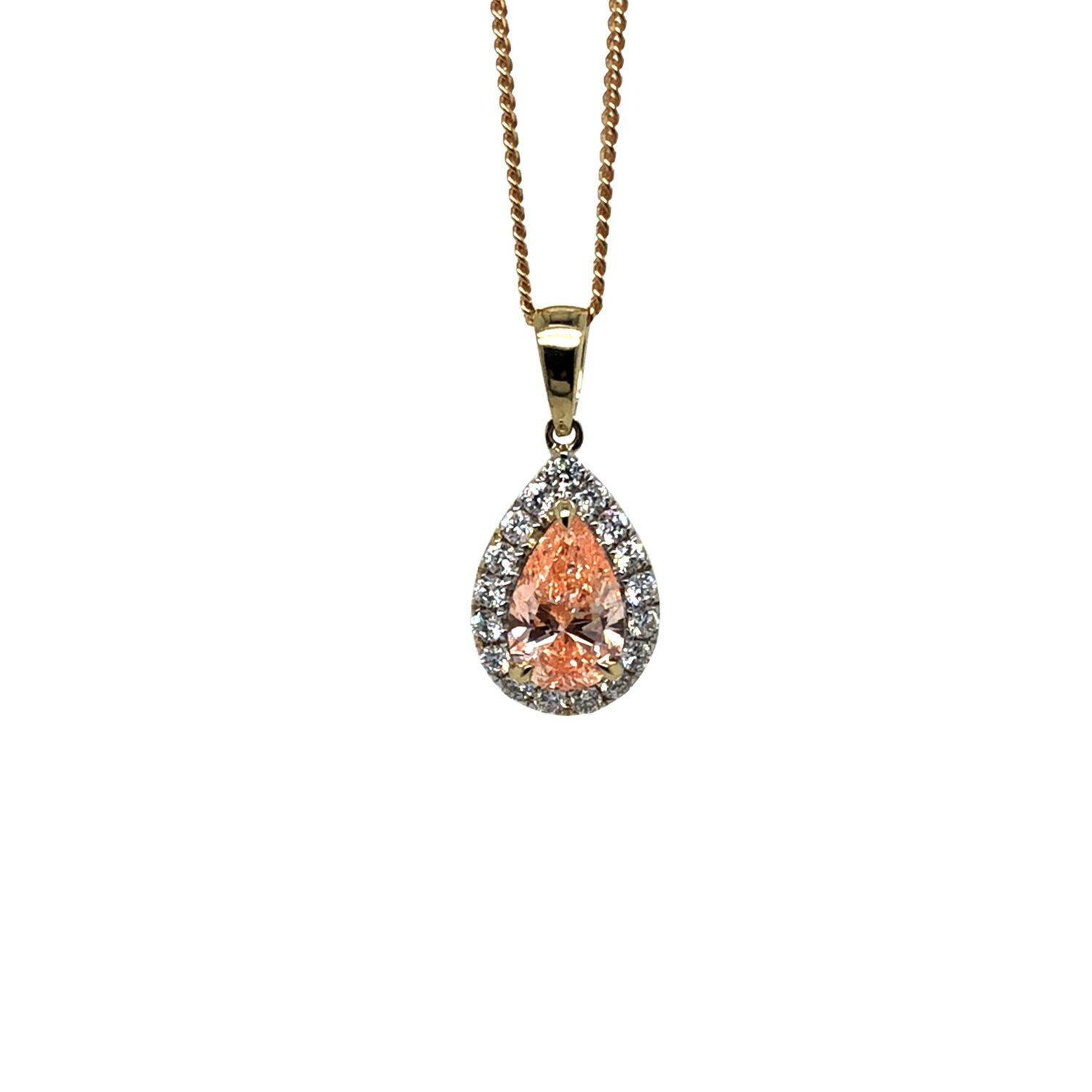 9ct yg pear cut pink lab diamond halo pendant 1.02ct centre stone 0.3ct total white_0