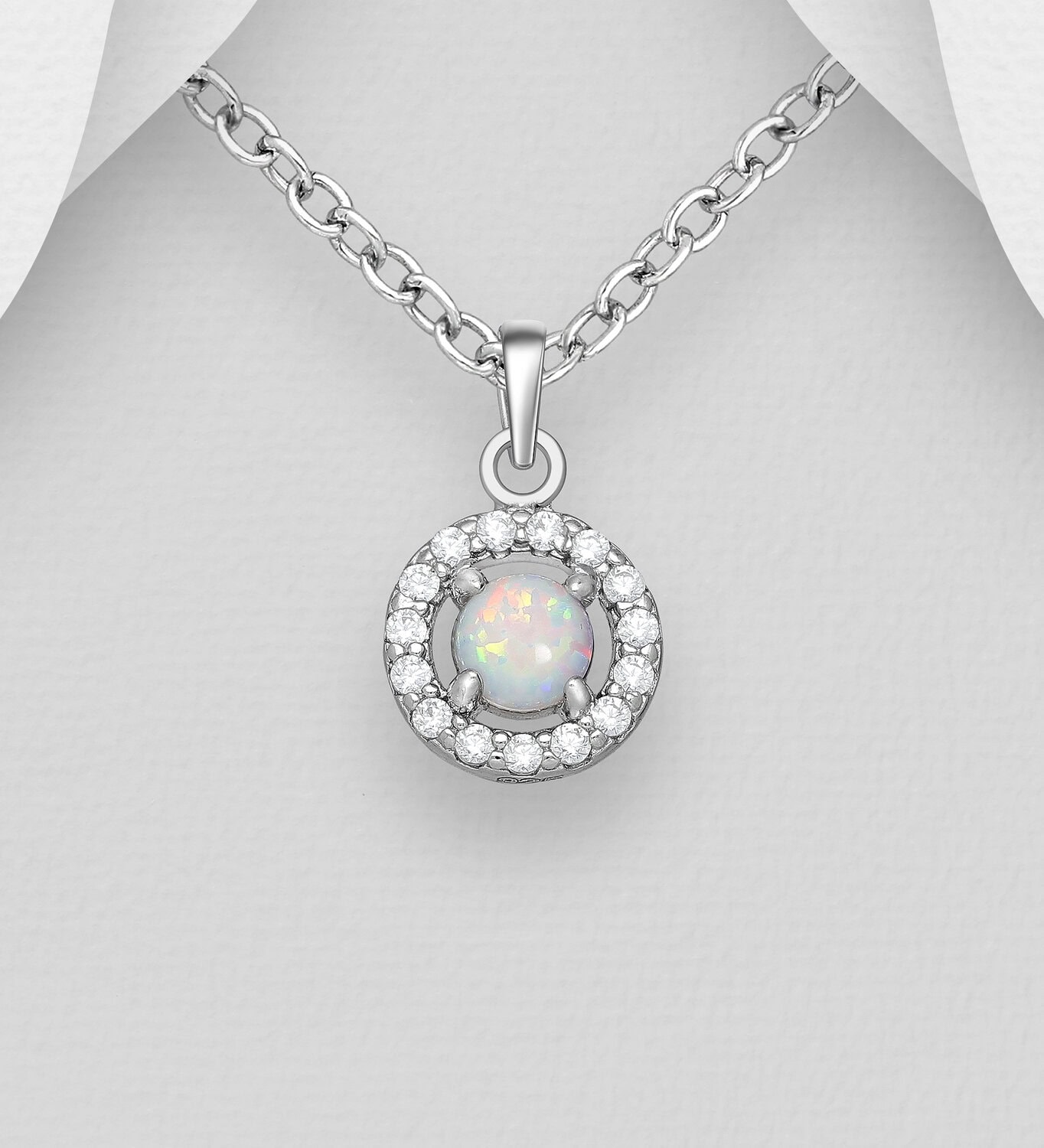 Silver CZ and Created Opal Pendant_0
