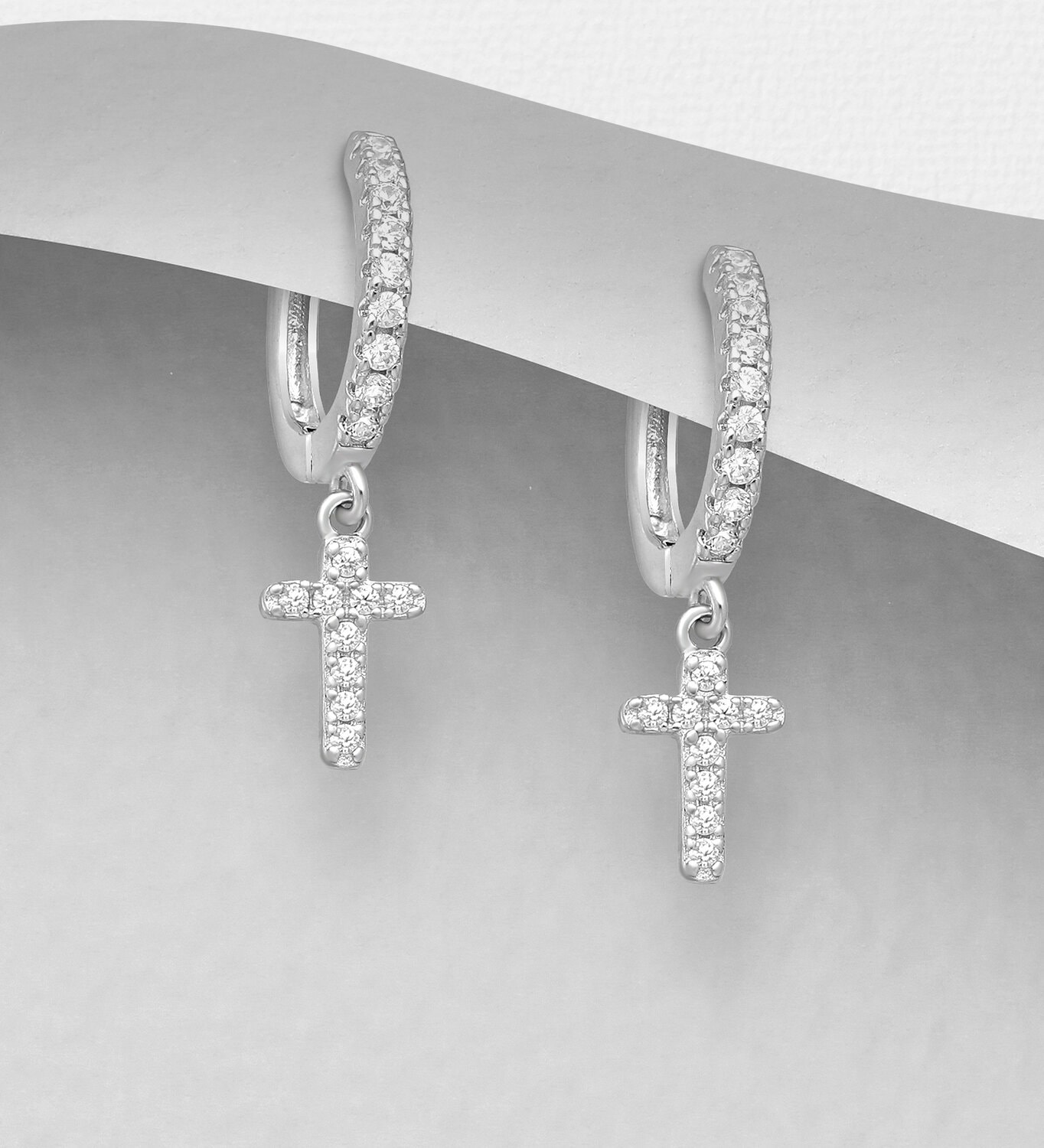 Silver CZ Huggeis with Cross Drop_0