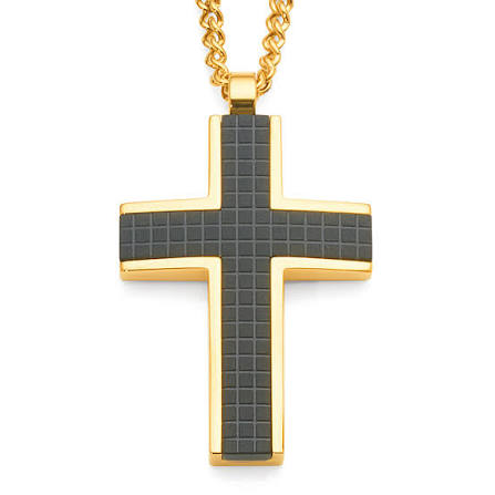 Ion Plated 14k Gold & Black Chequered Inlay Cross OnIon Plated Gold Curbed Link Chain_0