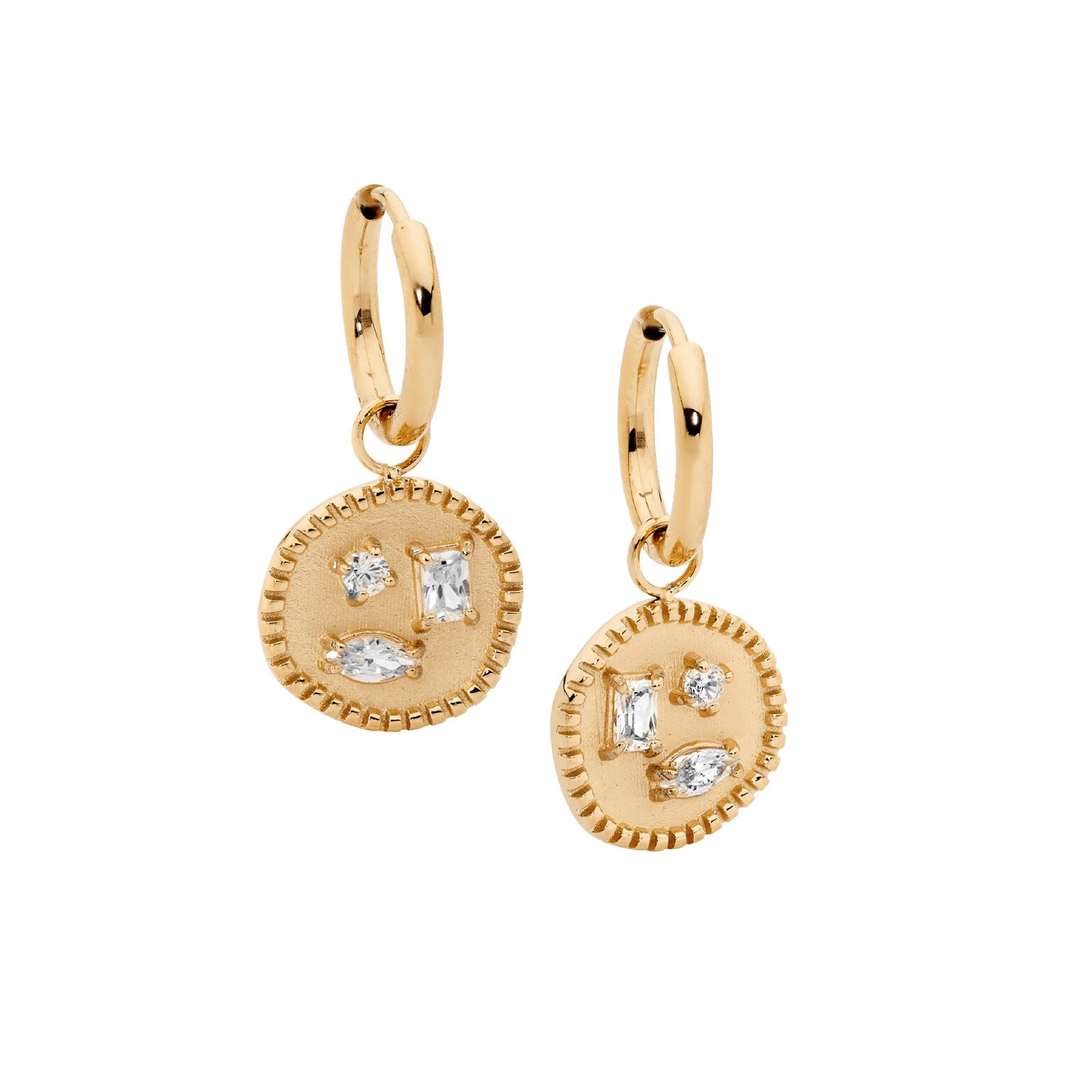 Gold Plated Multi Stone Disc Drop Hoops_0